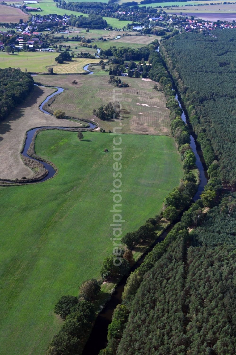 Garwitz from above - Riparian zones on the course of the river of Elde in Garwitz in the state Mecklenburg - Western Pomerania, Germany