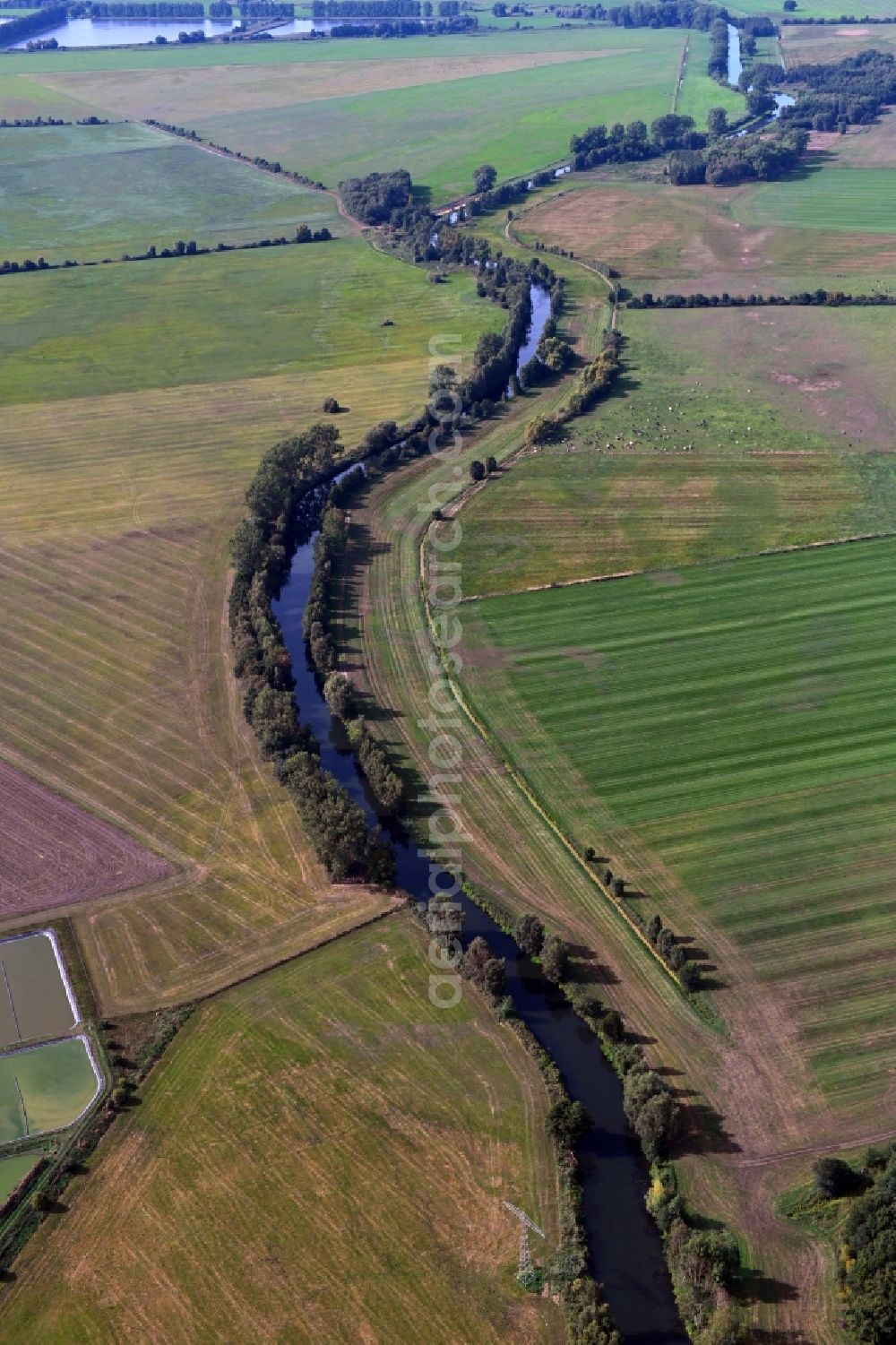Garwitz from above - Riparian zones on the course of the river of Elde in Garwitz in the state Mecklenburg - Western Pomerania, Germany