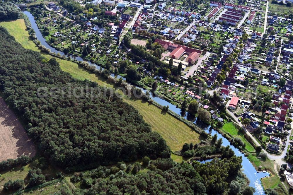 Parchim from above - Riparian zones on the course of the river of Elde in Parchim in the state Mecklenburg - Western Pomerania, Germany