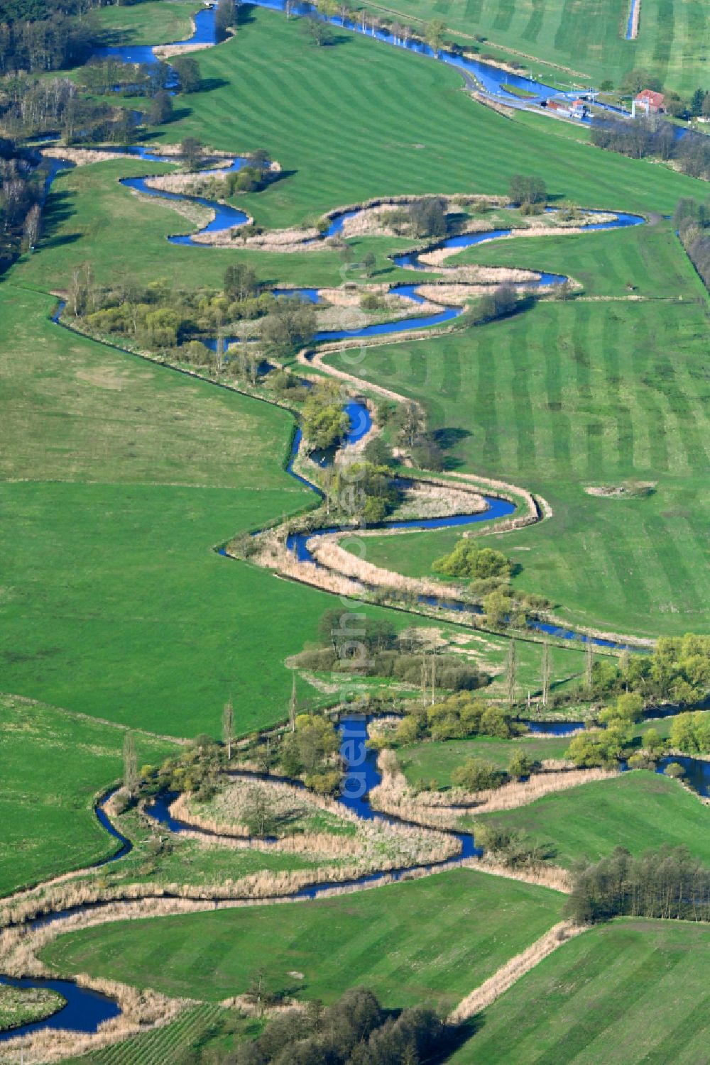 Grabow from the bird's eye view: Riparian zones on the course of the river of the meandering tributary of the Elde on the flood meadows in Grabow in the state Mecklenburg - Western Pomerania, Germany