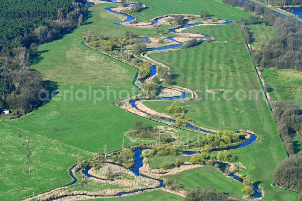 Aerial image Grabow - Riparian zones on the course of the river of the meandering tributary of the Elde on the flood meadows in Grabow in the state Mecklenburg - Western Pomerania, Germany