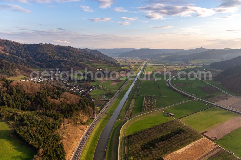 Bergach from above - Riparian zones on the course of the river of the Kinzig river in Bergach in the state Baden-Wuerttemberg, Germany