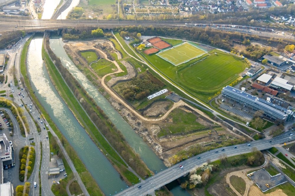 Aerial photograph Hamm - Riparian zones on the course of the river of Lippe in the district Heessen in Hamm in the state North Rhine-Westphalia, Germany