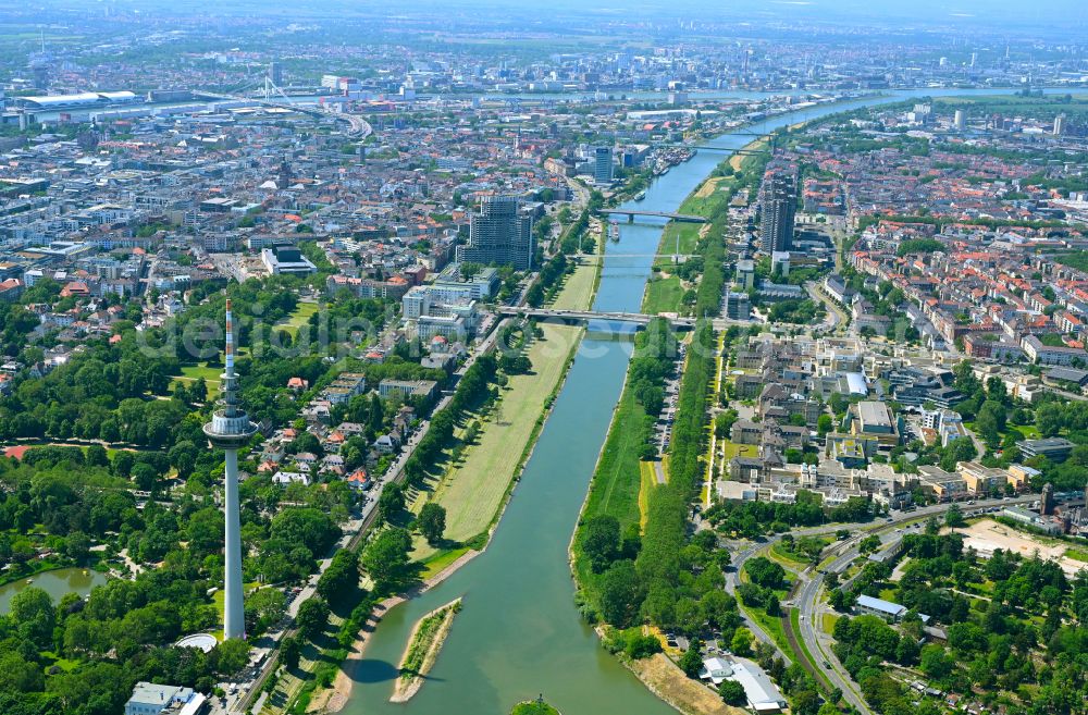 Mannheim from the bird's eye view: Riparian zones on the course of the river of the river Neckar on street Feudenheimer Strasse in the district Oststadt in Mannheim in the state Baden-Wuerttemberg, Germany