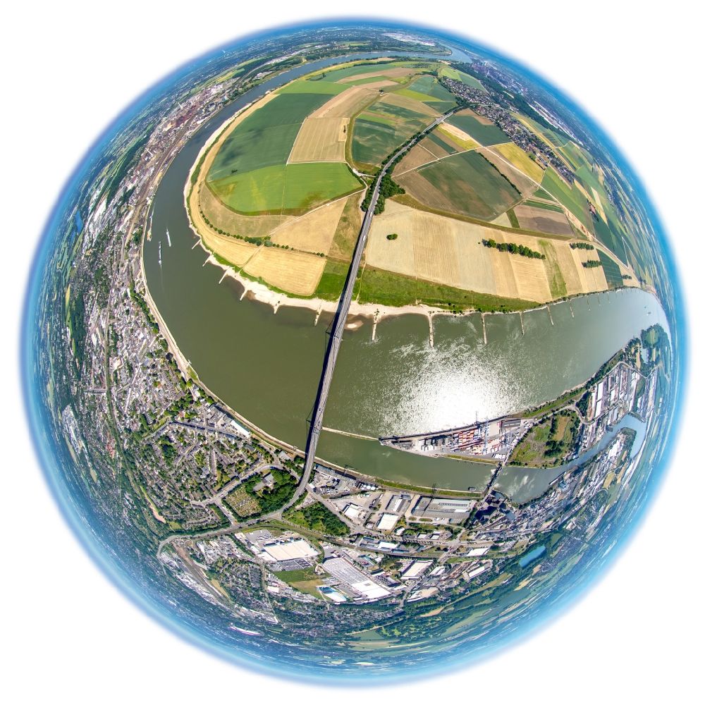 Aerial image Krefeld - Fish eye Riparian zones on the course of the river neuen Rheindeiche an der Bruecke der Bundesstrasse 288 in Krefeld in the state North Rhine-Westphalia