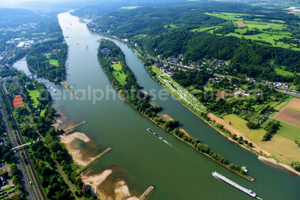 Bad Honnef from above - Riparian zones on the course of the river of the Rhine river in Bad Honnef in the state North Rhine-Westphalia, Germany