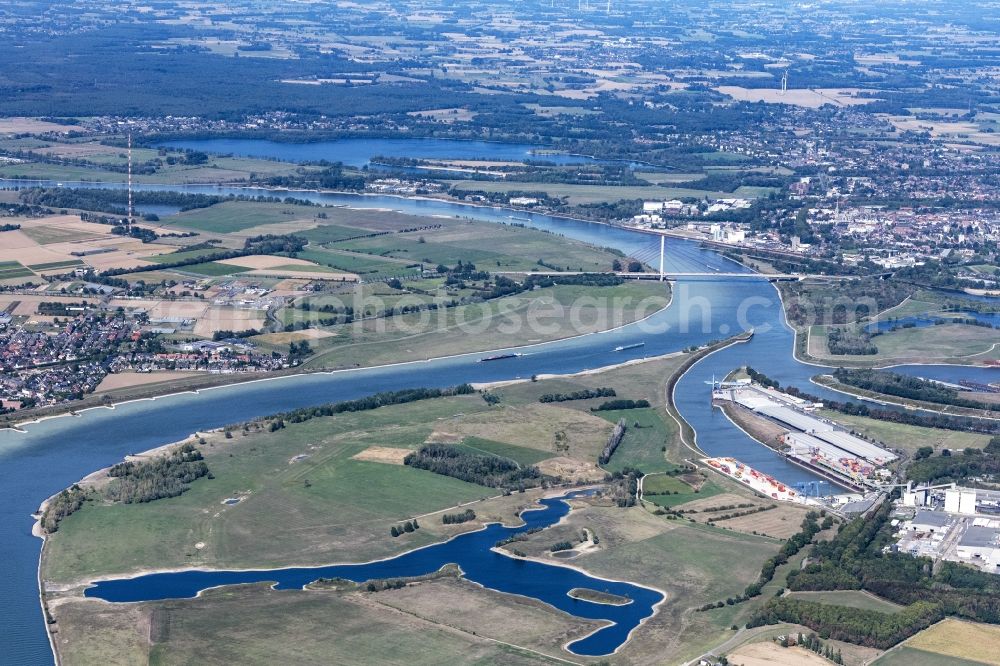 Wallach from above - Riparian zones on the course of the river of the Rhine river in Wallach in the state North Rhine-Westphalia, Germany