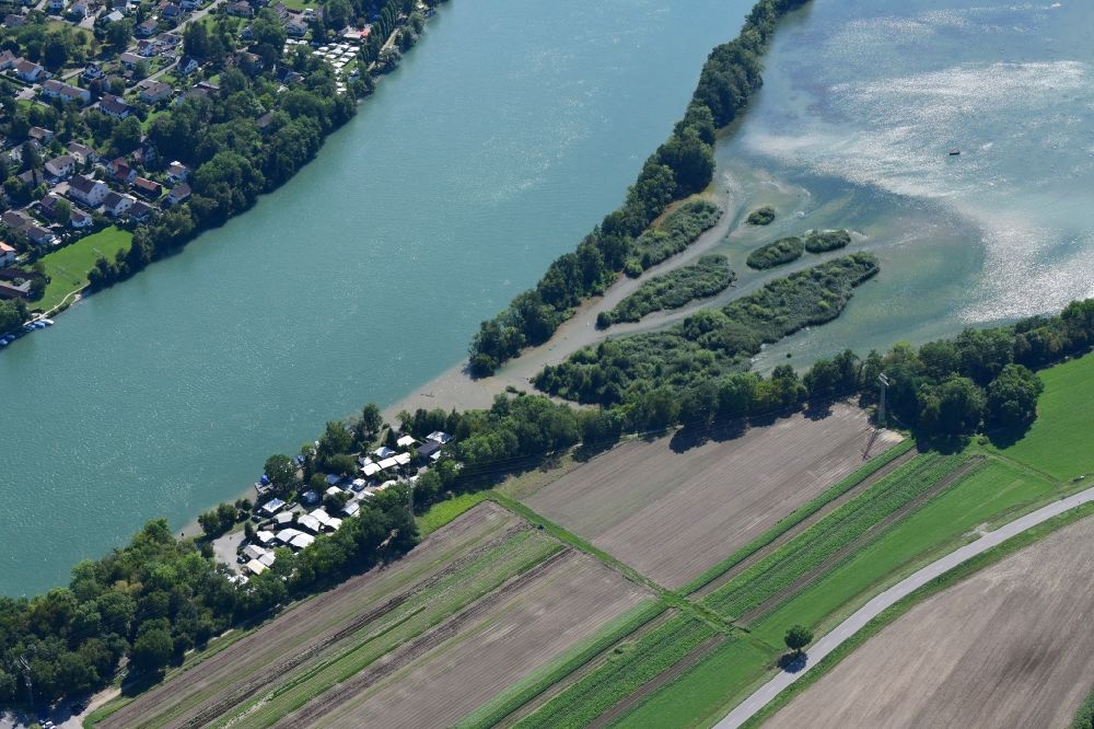 Rheinfelden (Baden) from above - Riparian zones on the course of the river Rhine in the natural reserve area Altrhein in Grenzach-Wyhlen in the state Baden-Wurttemberg, Germany