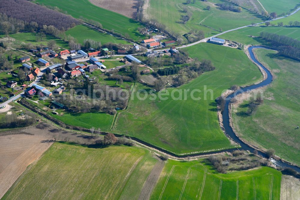 Paarsch from above - Riparian zones on the course of the river of Wehrarm of Alte Elde in Paarsch in the state Mecklenburg - Western Pomerania, Germany