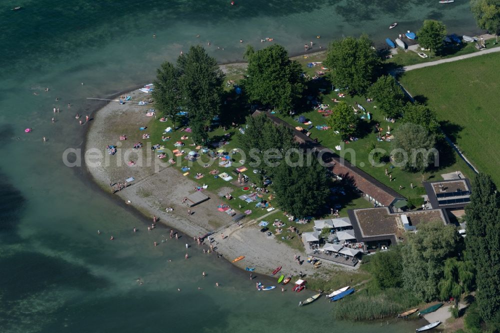 Reichenau from the bird's eye view: Beach areas on the of Lake of Constance in Reichenau in the state Baden-Wuerttemberg, Germany