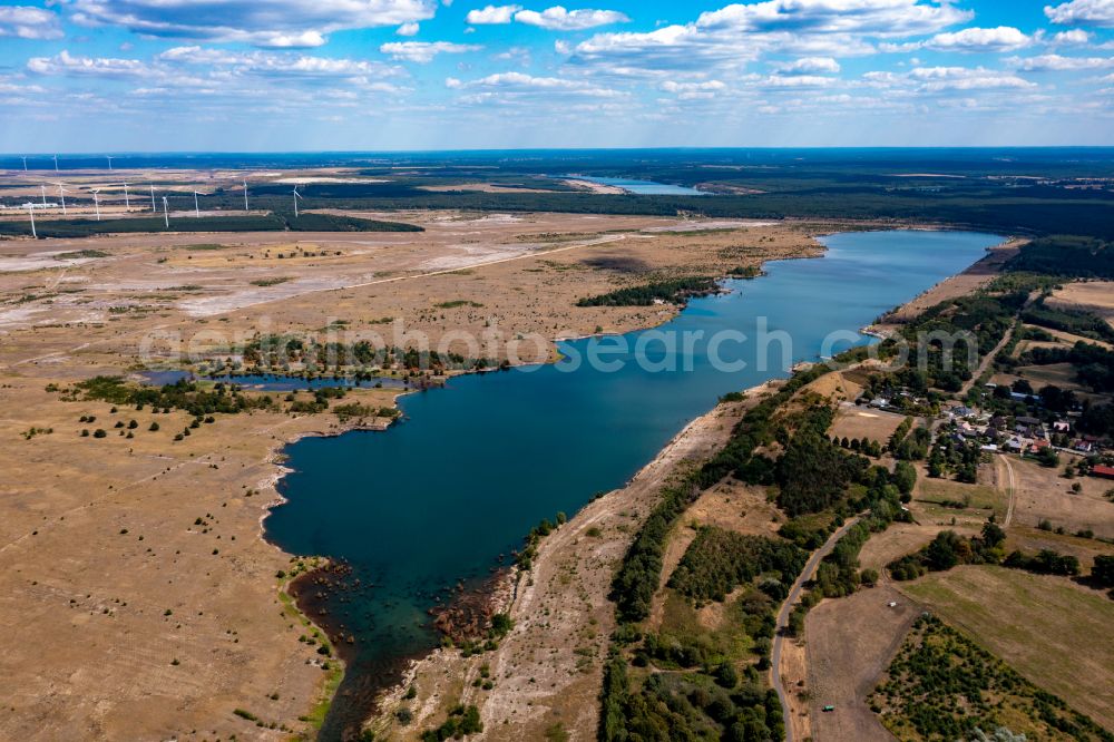 Cottbus from above - Shore areas of flooded former lignite opencast mine and renaturation lake Baltic Sea in Cottbus in the state Brandenburg, Germany