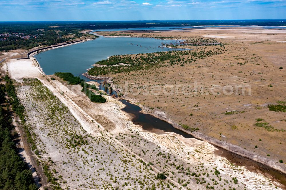 Aerial image Cottbus - Shore areas of flooded former lignite opencast mine and renaturation lake Baltic Sea in Cottbus in the state Brandenburg, Germany