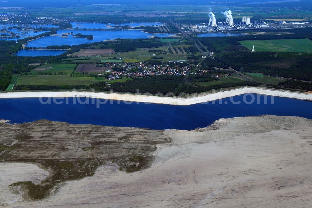 Aerial image Teichland - Shore areas of flooded former lignite opencast mine and renaturation lake Cottbuser Ostsee in Teichland in the state Brandenburg, Germany