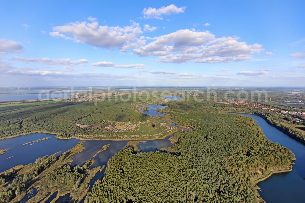Aerial image Lauta - Shore areas of flooded former lignite opencast mine and renaturation lake Erikasee in Lauta in the state Saxony, Germany