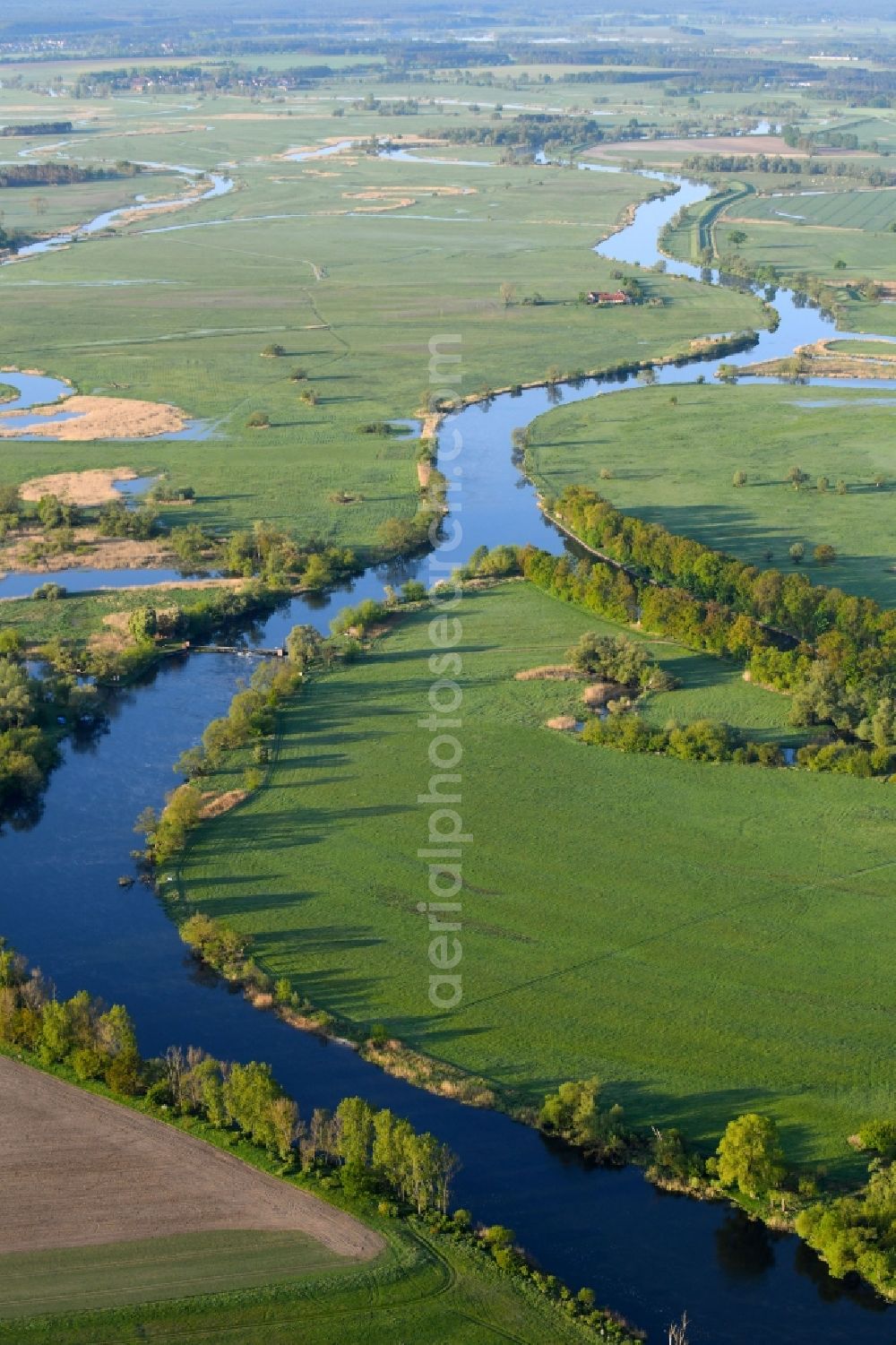 Havelaue from above - Curved loop of the riparian zones on the course of the river on Havel in Havelaue in the state Brandenburg, Germany