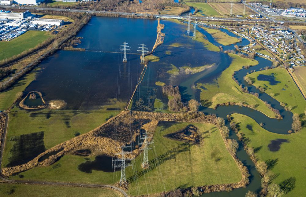 Aerial photograph Norddinker - Shore areas with flooded by flood level riverbed of Lippe in Schmehauser Mersch in Schmehausen at Ruhrgebiet in the state North Rhine-Westphalia, Germany