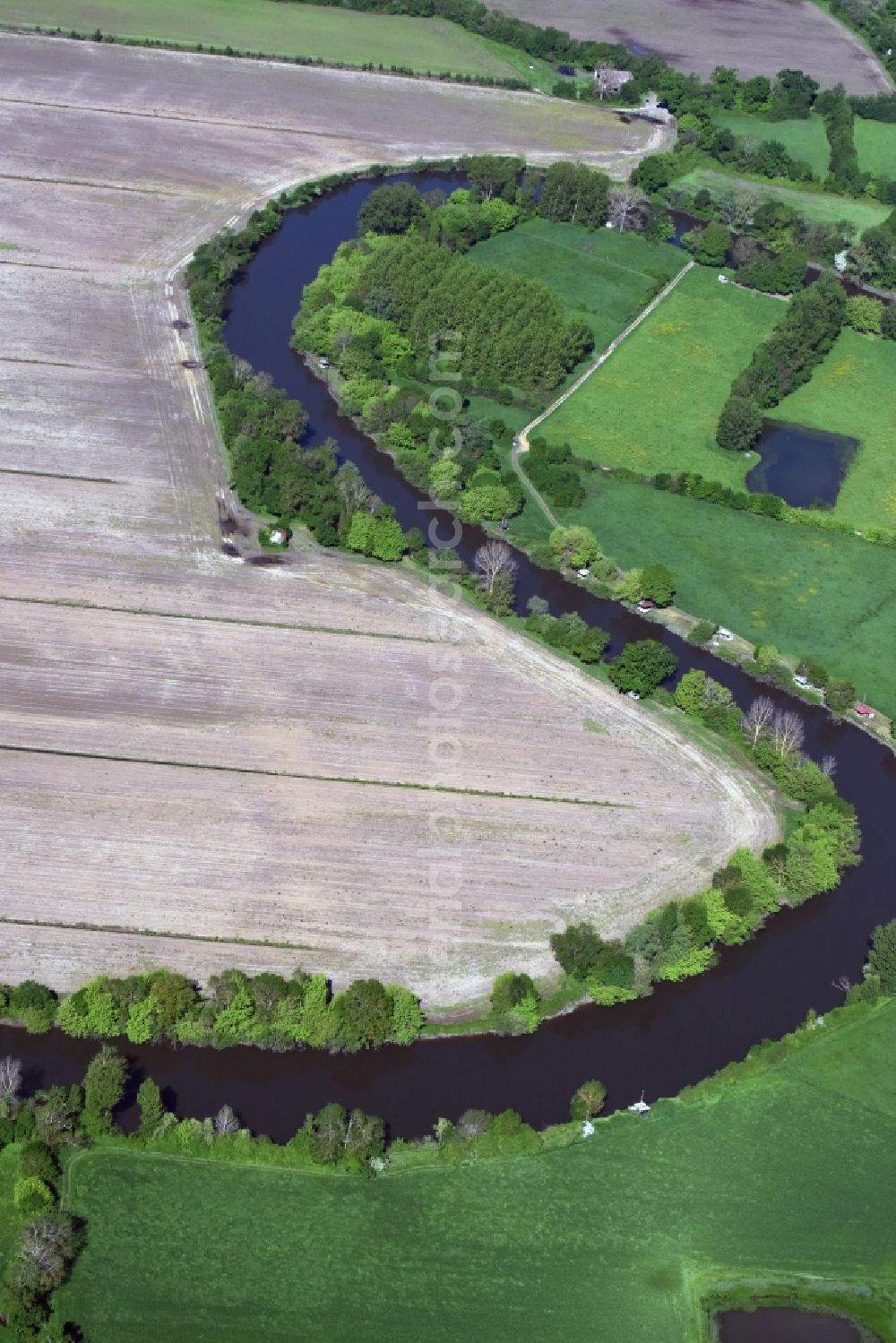 Saint-Denis-de-Pile from above - Curved loop of the riparian zones on the course of the river Isle in Saint-Denis-de-Pile in Aquitaine Limousin Poitou-Charentes, France