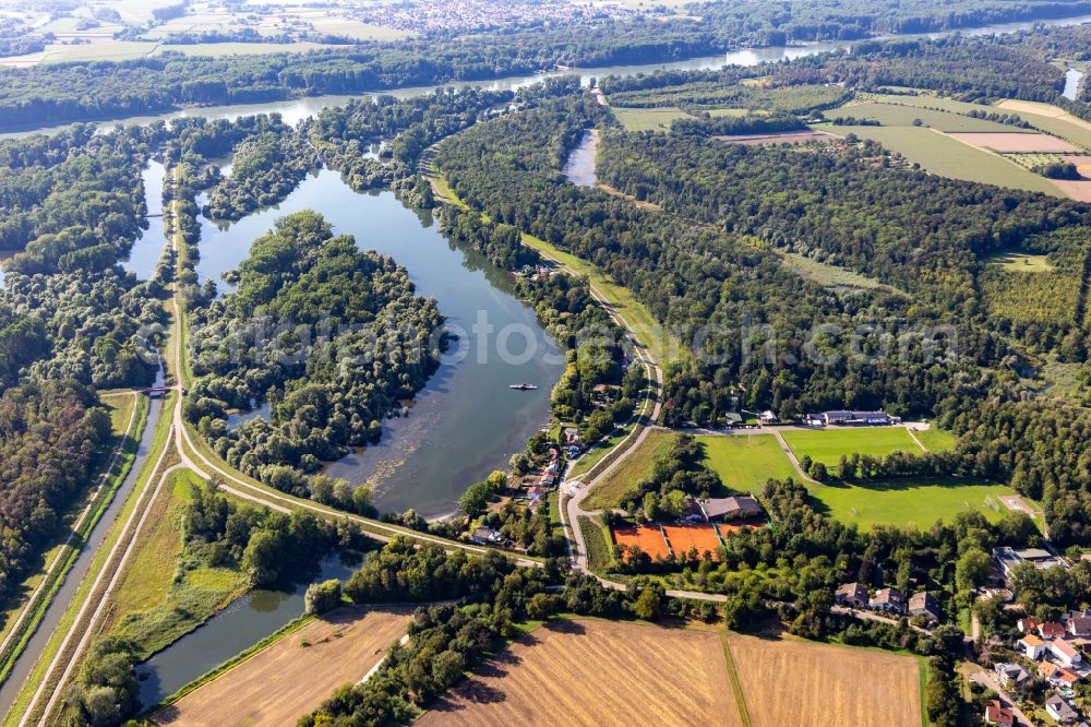 Eggenstein-Leopoldshafen from above - Riparian areas on the lake area of Leopoldshafen in a forest area with sport-fields in Eggenstein-Leopoldshafen in the state Baden-Wurttemberg, Germany