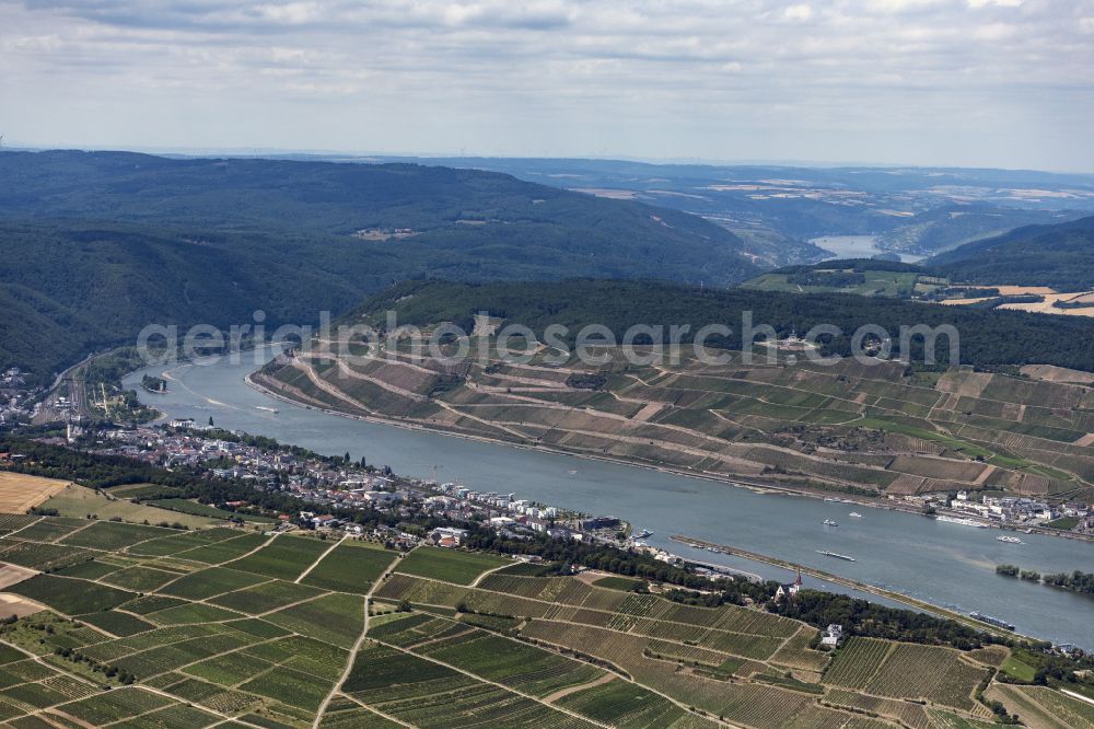 Bingen am Rhein from above - Curved loop of the riparian zones on the course of the river Rhine in Bingen am Rhein in the state Rhineland-Palatinate, Germany