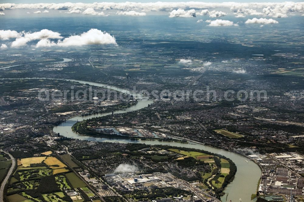 Köln from above - Curved loop of the riparian zones on the course of the river Rhine in Cologne in the state North Rhine-Westphalia, Germany
