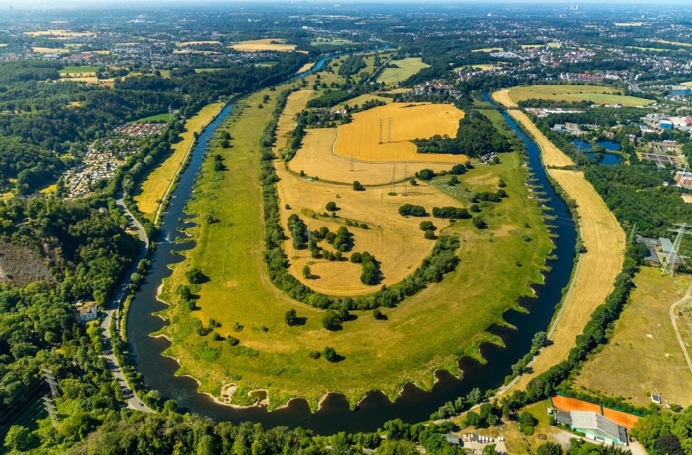 Hattingen from above - Curved loop of the riparian zones on the course of the river Ruhr in Hattingen in the state North Rhine-Westphalia, Germany