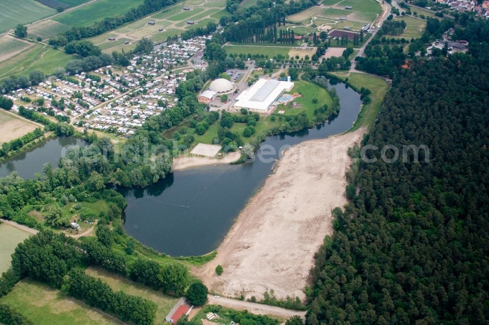 Rülzheim from above - Sandy beach areas on the Badesee Moby Dick in Ruelzheim in the state Rhineland-Palatinate, Germany