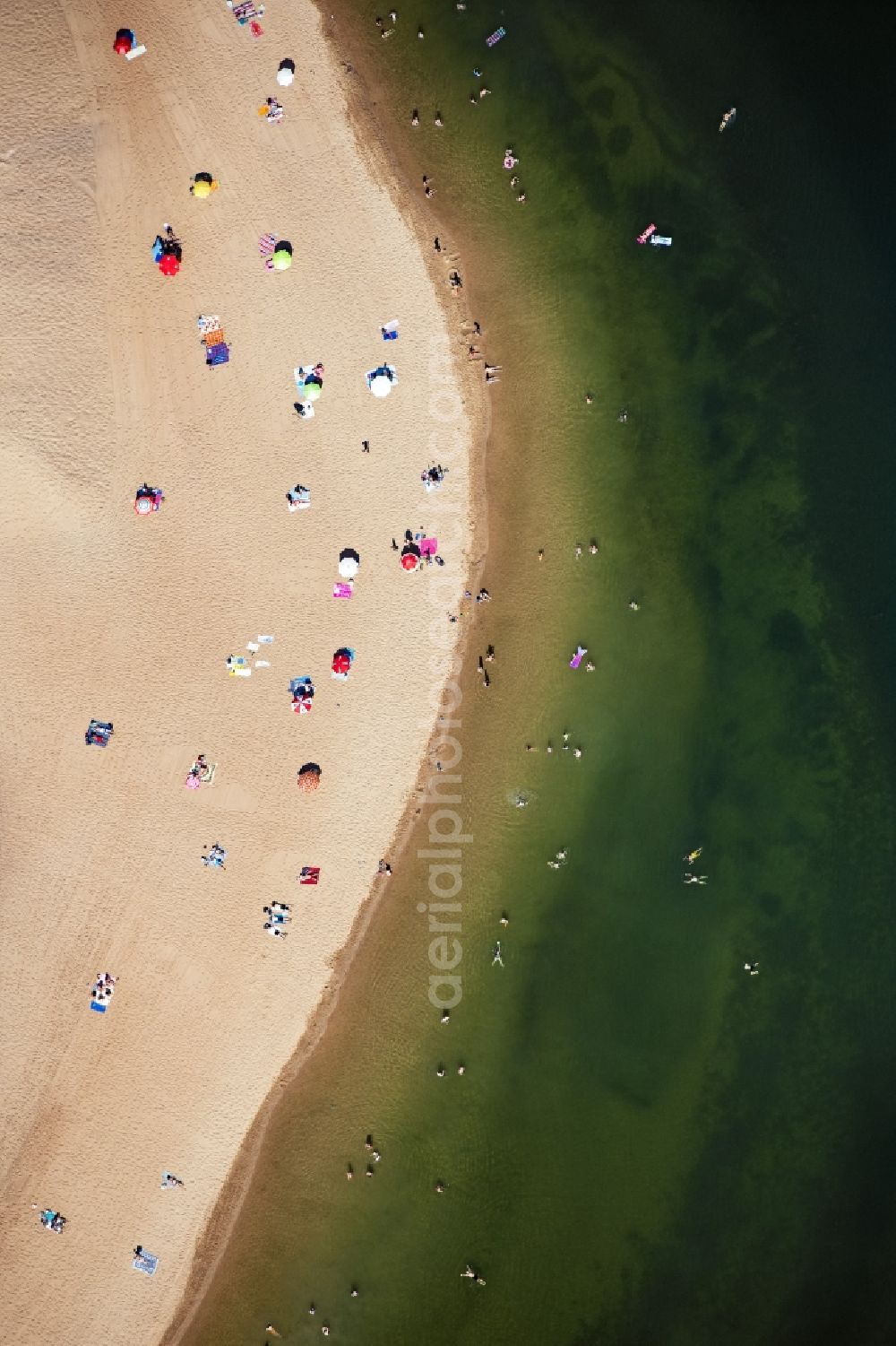 Pleinfeld from the bird's eye view: Sandy beach areas on the Badestrand Allmannsdorf on Brombachsee in Pleinfeld in the state Bavaria, Germany