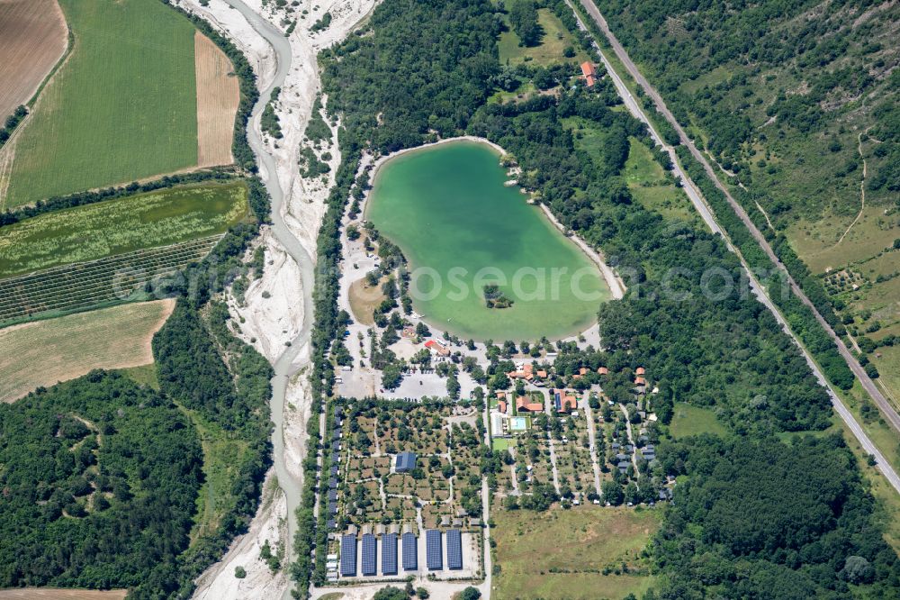 Veynes from above - Sandy beach areas on the Base de Loisirs of Iscles in Veynes in Provence-Alpes-Cote d'Azur, France