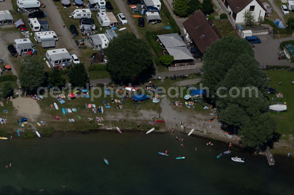 Uhldingen-Mühlhofen from above - Sandy beach areas at the campsite Camping Birnau-Maurach in Uhldingen-Muehlhofen at Bodensee in the state Baden-Wuerttemberg, Germany