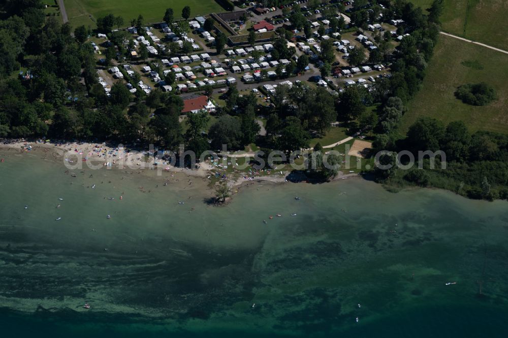 Uhldingen-Mühlhofen from the bird's eye view: Sandy beach areas at the campsite Camping Birnau-Maurach in Uhldingen-Muehlhofen at Bodensee in the state Baden-Wuerttemberg, Germany