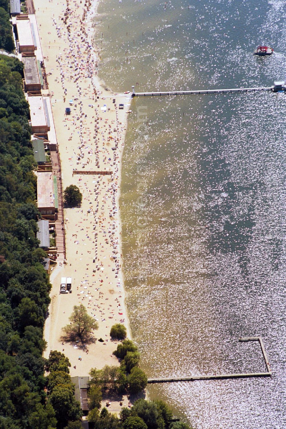 Berlin from above - Sandy beach areas on the lake Grosser Wannsee in the district Nikolassee in Berlin, Germany
