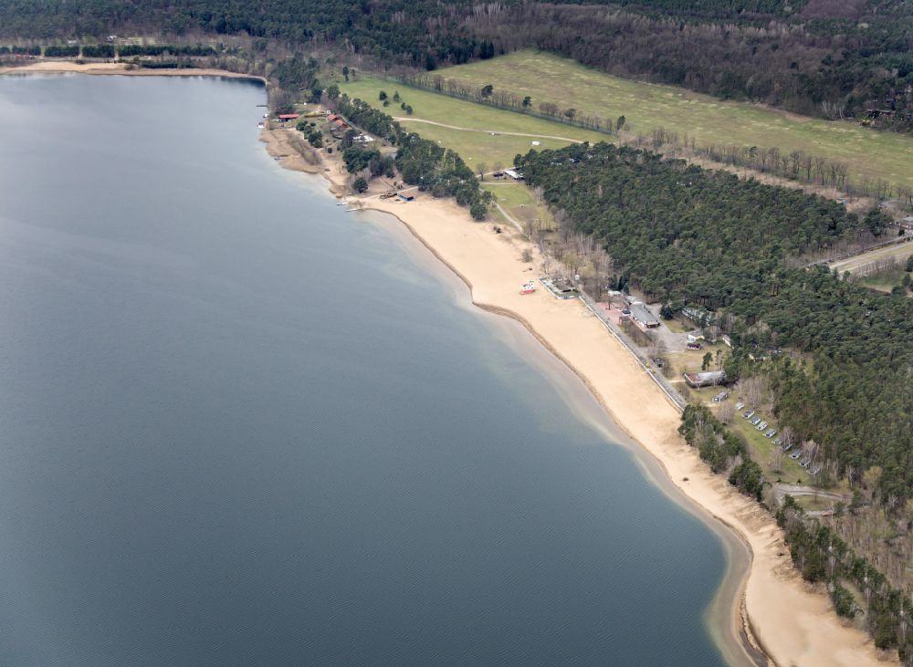 Lossow from the bird's eye view: Sandy beach areas on the Helenesee in Lossow in the state Brandenburg, Germany