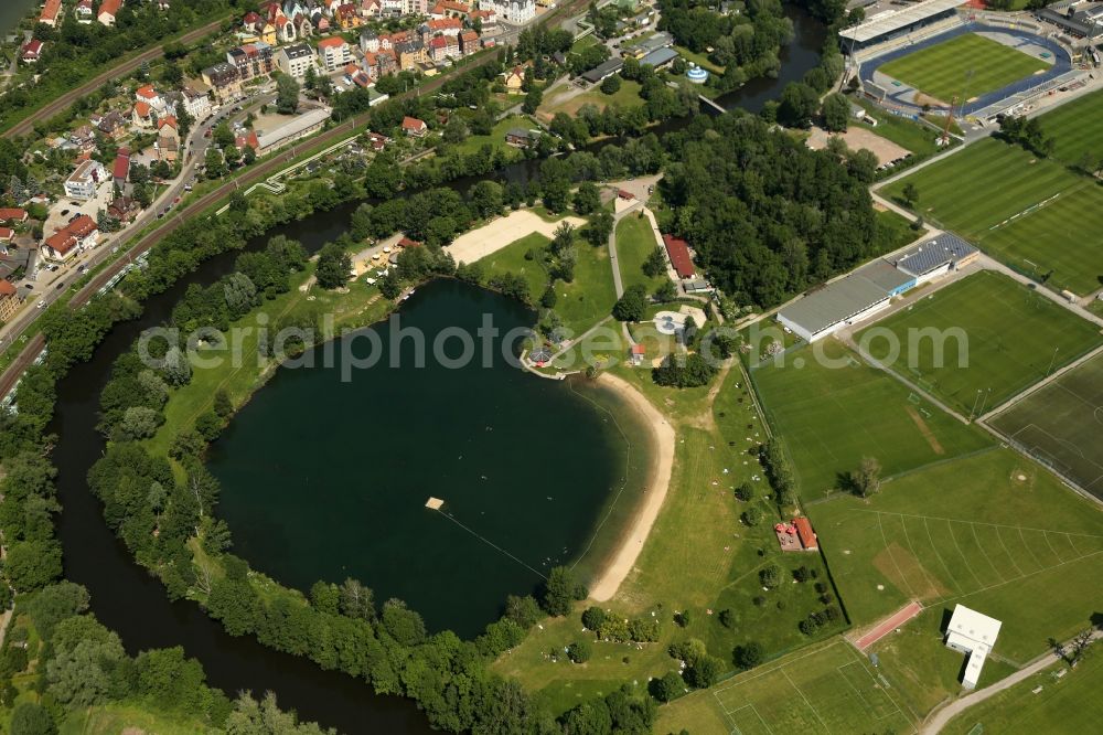 Aerial photograph Jena - Sandy beach areas on the Schleichersee in the district Ammerbach in Jena in the state Thuringia, Germany