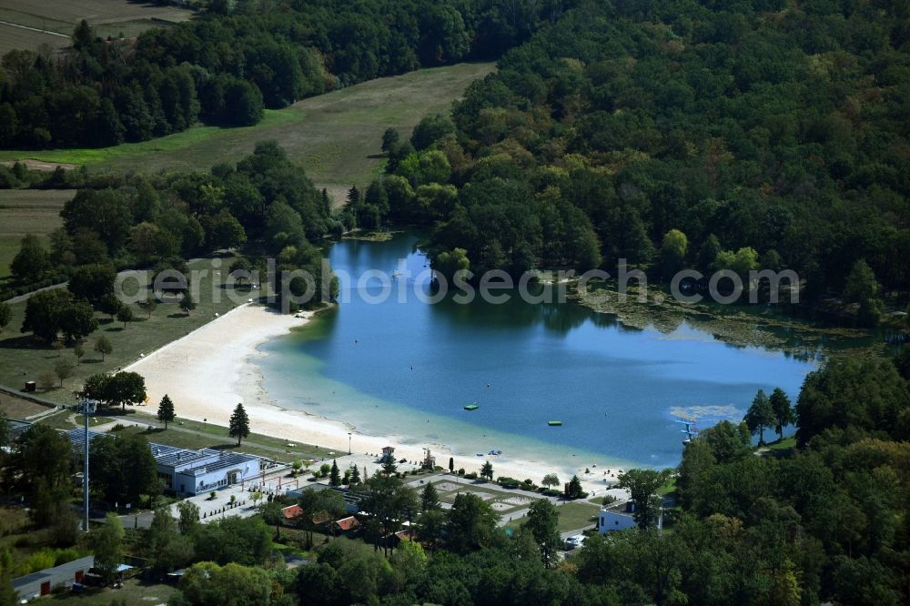 Aerial photograph Dessau - Sandy beach areas on the Waldbad in Dessau in the state Saxony-Anhalt, Germany
