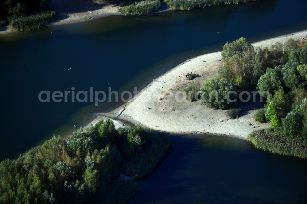 Berlin from above - Sandy beach areas on the on Kaulsdorfer See in the district Kaulsdorf in Berlin, Germany