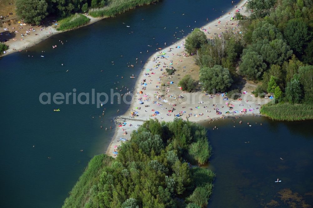 Berlin from above - Sandy beach areas on the on Kaulsdorfer See in the district Kaulsdorf in Berlin, Germany