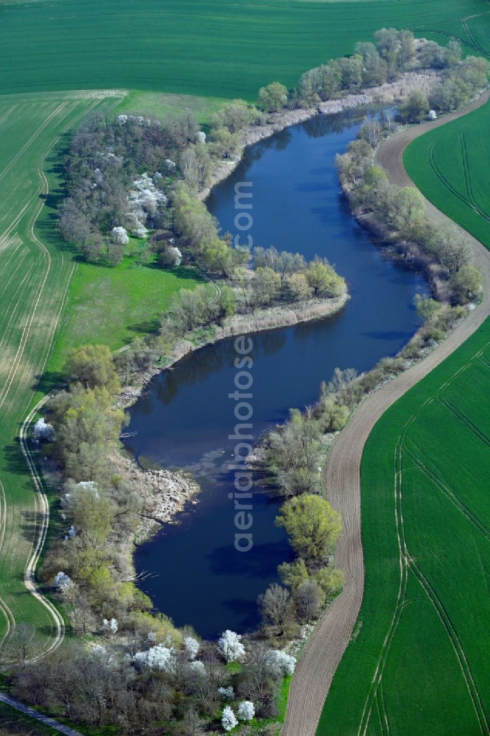Neukünkendorf from above - Riparian areas on the lake area of Schleisee in Neukuenkendorf in the state Brandenburg, Germany
