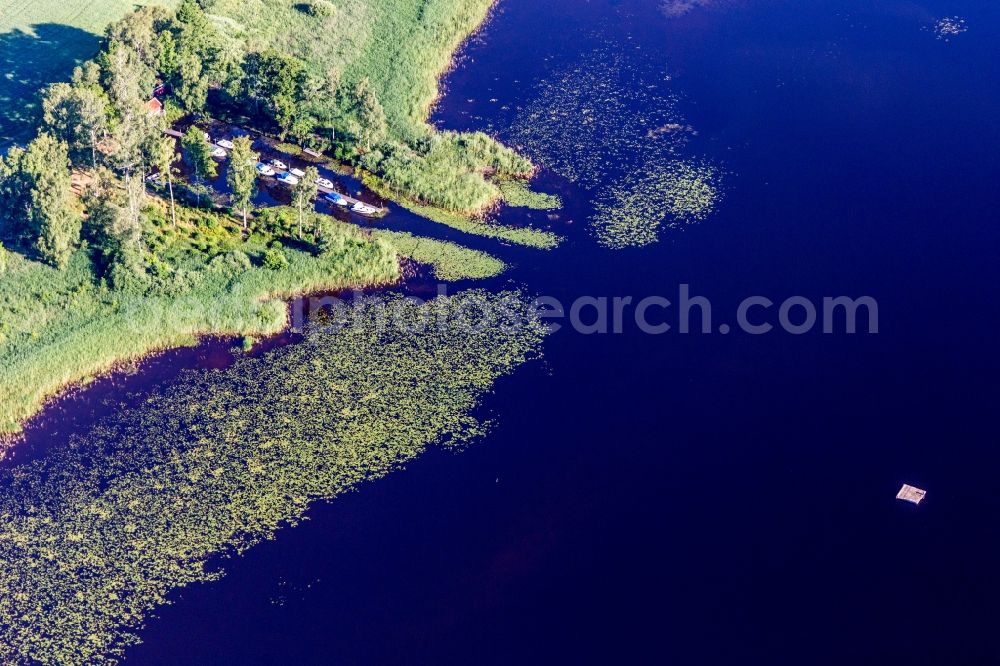 Aerial photograph Hunna - Riparian areas on the swamp coloured (Smaland) lake Asnen with water lillys, boat bridge, and swimming beach in Hunna in Kronobergs laen, Sweden