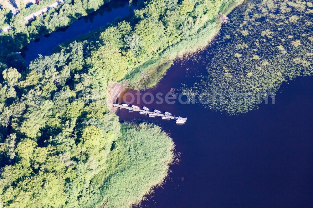 Torne from above - Riparian areas on the swamp coloured (Smaland) lake Asnen with water lillys, boat bridge, and swimming beach in Torne in Kronobergs laen, Sweden