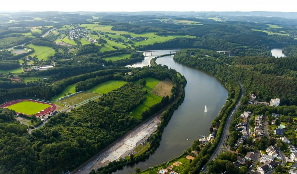 Olpe from above - Riparian areas on the lake area of Bigge in Olpe in the state North Rhine-Westphalia