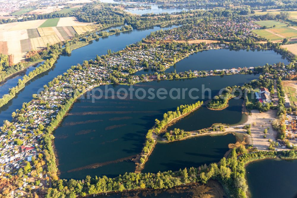 Altrip from above - Riparian areas on the lake area of Blaue Adria and the old rhine of Neuhofen with leisure area in Altrip in the state Rhineland-Palatinate