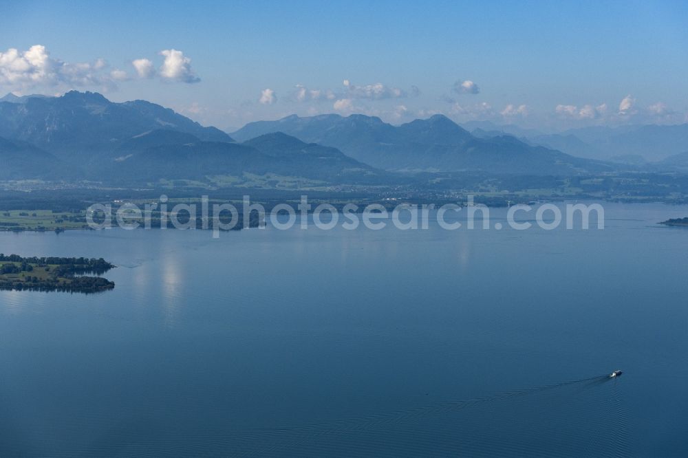Aerial image Chieming - Riparian areas on the lake area of Chiemsee with Blick auf die Alpen in Chieming in the state Bavaria, Germany