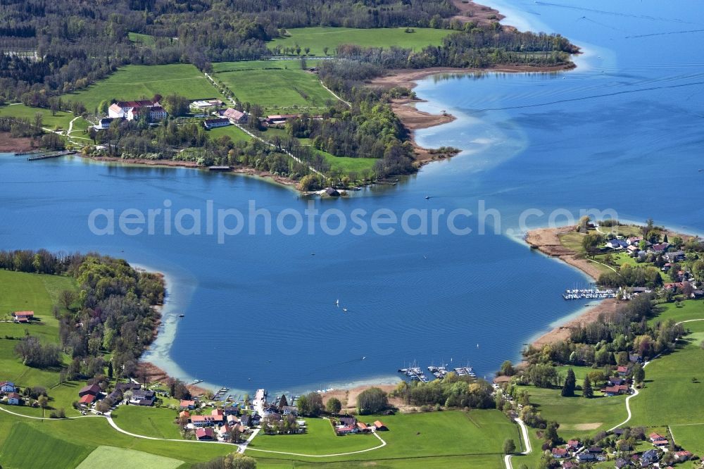 Breitbrunn am Chiemsee from above - Riparian areas on the lake area of Chiemsee in Breitbrunn am Chiemsee in the state Bavaria, Germany