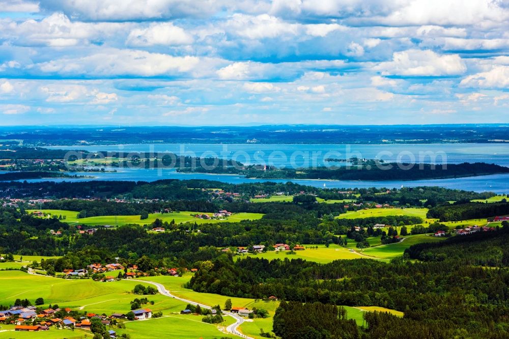 Prien am Chiemsee from the bird's eye view: Riparian areas on the lake area of Chiemsee in Prien am Chiemsee in the state Bavaria, Germany