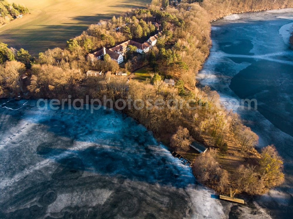 Aerial image Schorfheide - Riparian areas on the lake area of Uedersee in a forest area in Schorfheide in the state Brandenburg, Germany