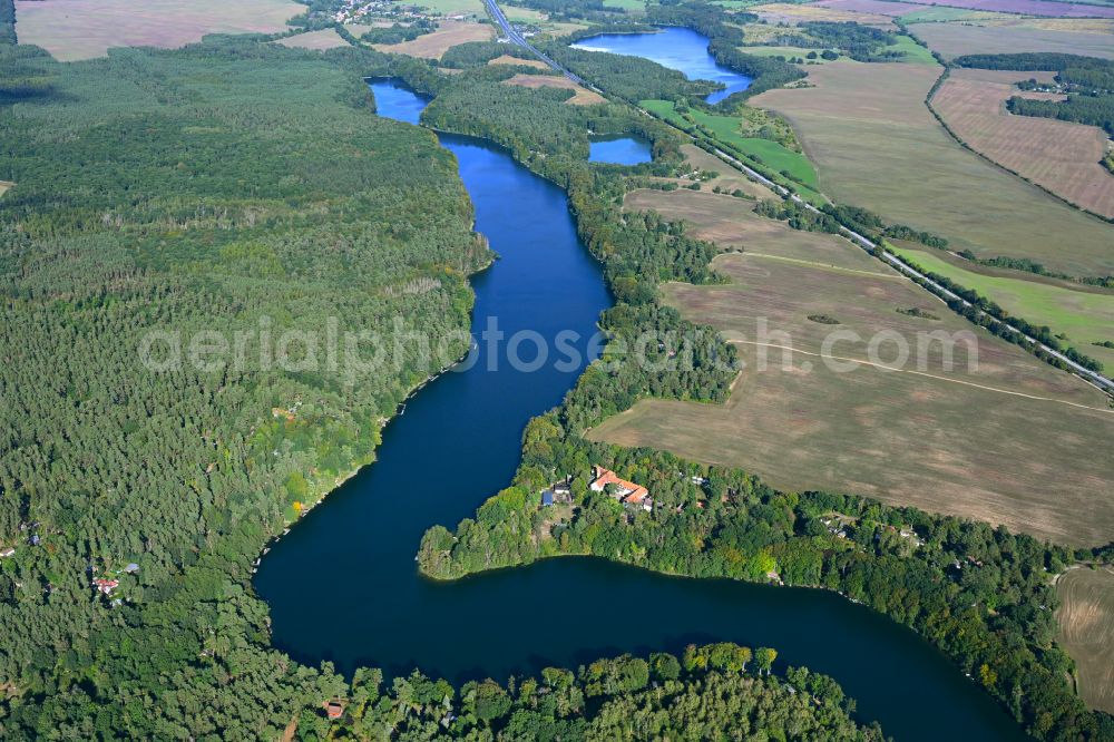 Aerial image Werbellin - Riparian areas on the lake area of Uedersee in a forest area in Werbellin at Schorfheide in the state Brandenburg, Germany