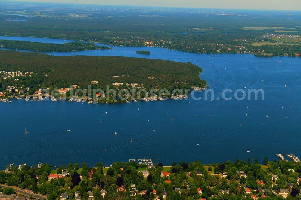 Berlin from above - Riparian areas on the lake area of Grosser Wannsee in the district Nikolassee in Berlin, Germany
