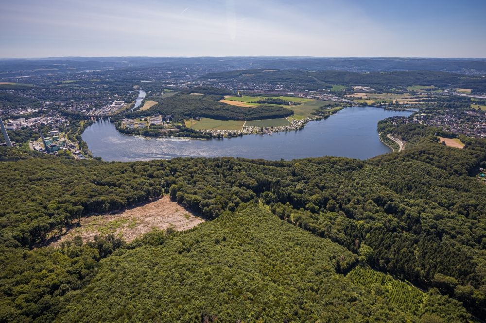 Hagen from above - Riparian areas on the lake area of Harkortsee in Hagen in the state North Rhine-Westphalia, Germany