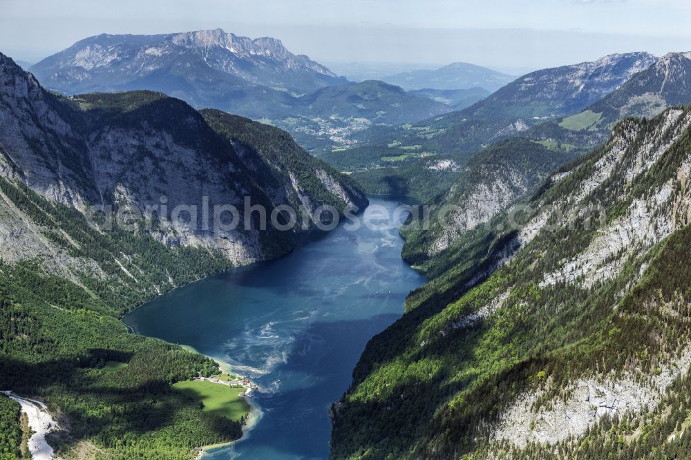 Schönau am Königssee from the bird's eye view: Riparian areas on the lake area of Koenigssee in Nationalpark Berchtesgaden in a forest area in Schoenau am Koenigssee in the state Bavaria, Germany