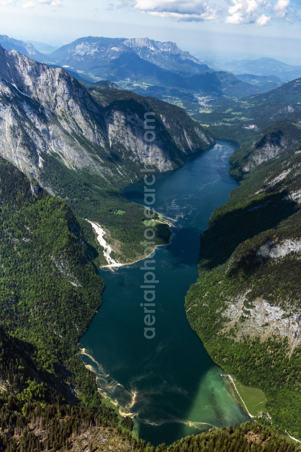 Aerial image Schönau am Königssee - Riparian areas on the lake area of Koenigssee in Nationalpark Berchtesgaden in a forest area in Schoenau am Koenigssee in the state Bavaria, Germany